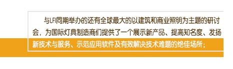 与LFI同期举办的还有全球最大的以建筑和商业照明为主题的研讨会，为国际灯具制造商们提供了一个展示新产品、提高知名度、发扬新技术与服务、示范应用软件及有效解决技术难题的绝佳场所；