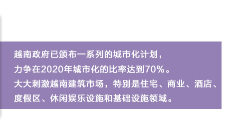 越南政府已颁布一系列的城市化计划，力争在2020年城市化的比率达到70%。大大刺激越南建筑市场，特别是住宅、商业、酒店、度假区、休闲娱乐设施和基础设施领域。