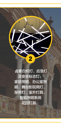 卤素白炽灯、应急灯及安全标志灯;家居照明、办公室照明、舞台影院用灯、探照灯、智能照明系统室外灯具、花园灯具;